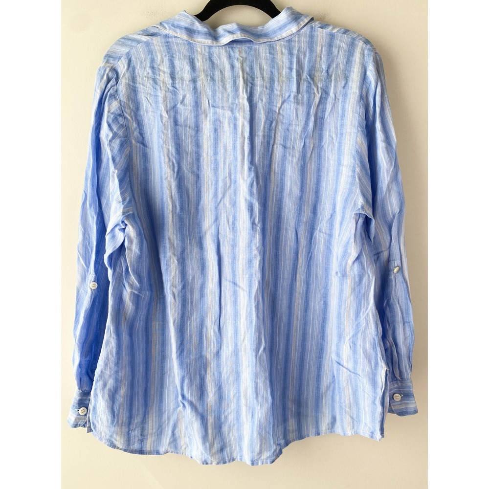 Coldwater Creek Womens 100% Linen Popover Blouse L Petite Blue Striped Coastal - Picture 5 of 9